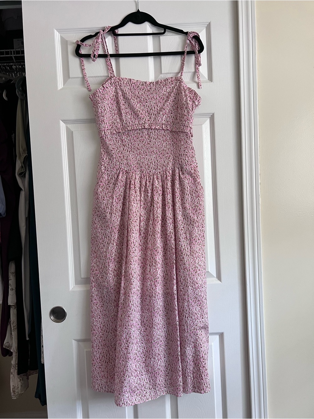 Pink Tie-Strap Smocked Bodice Midi Dress